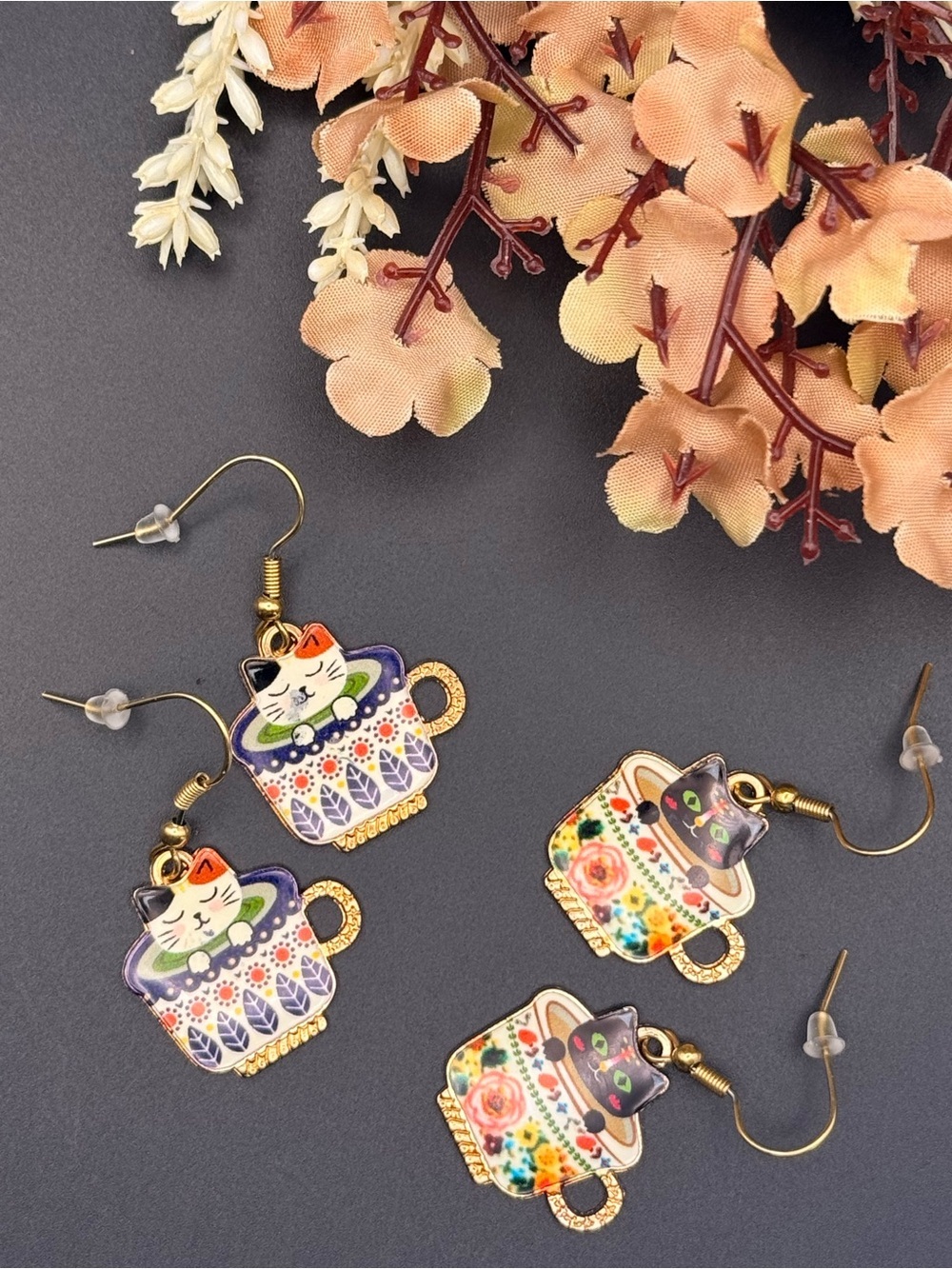Cute Cat Teacup Dangle Earrings - Floral Multicolor